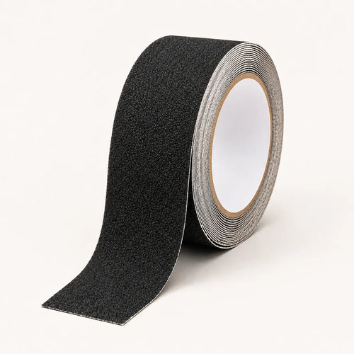 Black anti-slip tape mat by STAALFABRIQ, 5 meters long, designed as a stair safety accessory with textured surface for secure footing.