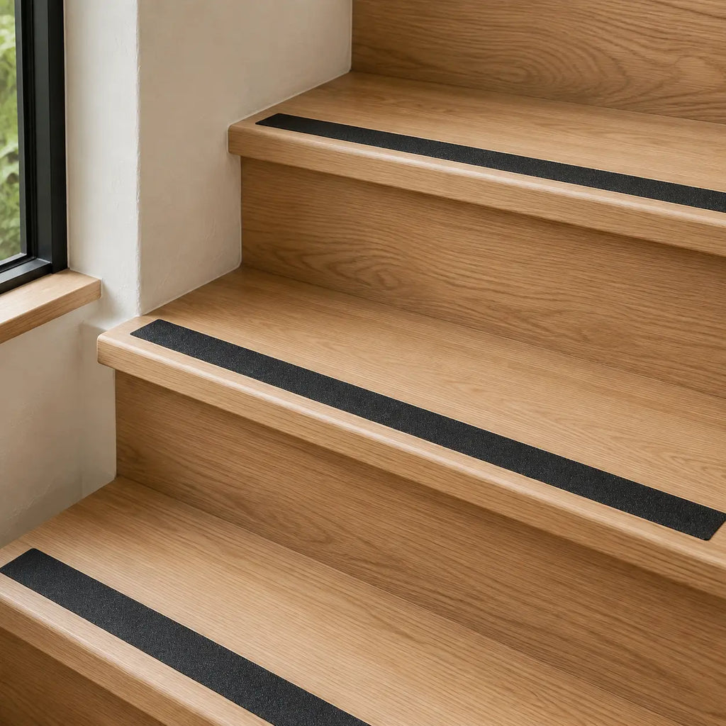 Black STAALFABRIQ anti-slip tape mat for stairs, 5 meters long, with textured surface for added safety and grip.