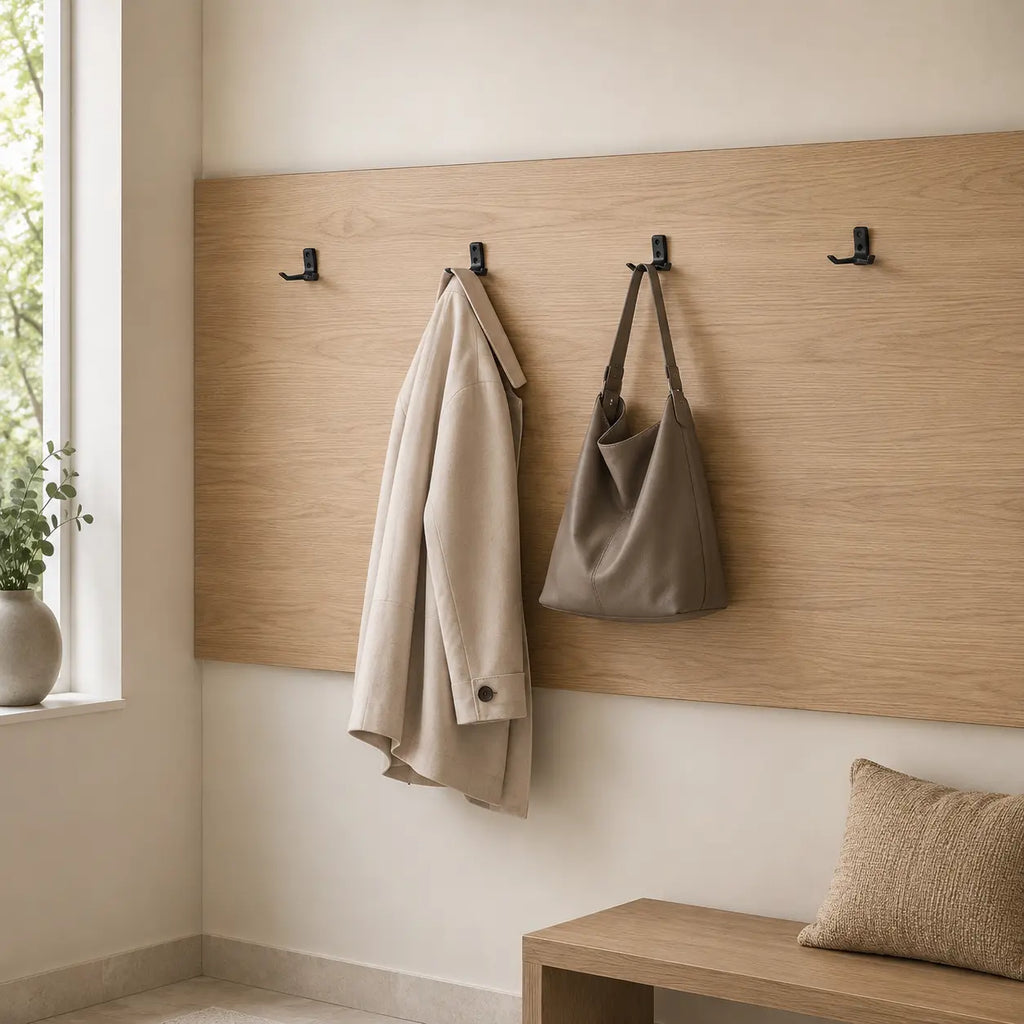 Black double wall hook from STAALFABRIQ, mounted on wall, with two hooks for hanging items, in a matte black finish.