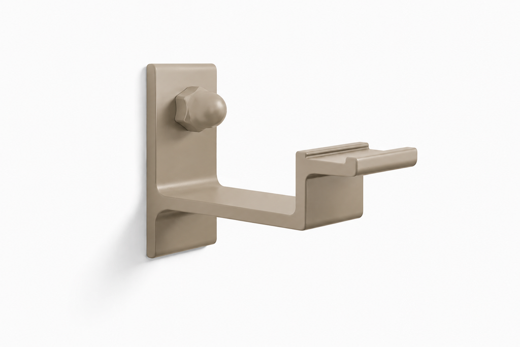 Stalen trapleuning in greige naadloos ovaal 48x20mm, mounted with STAALFABRIQ leuninghouder, modern railing component.
