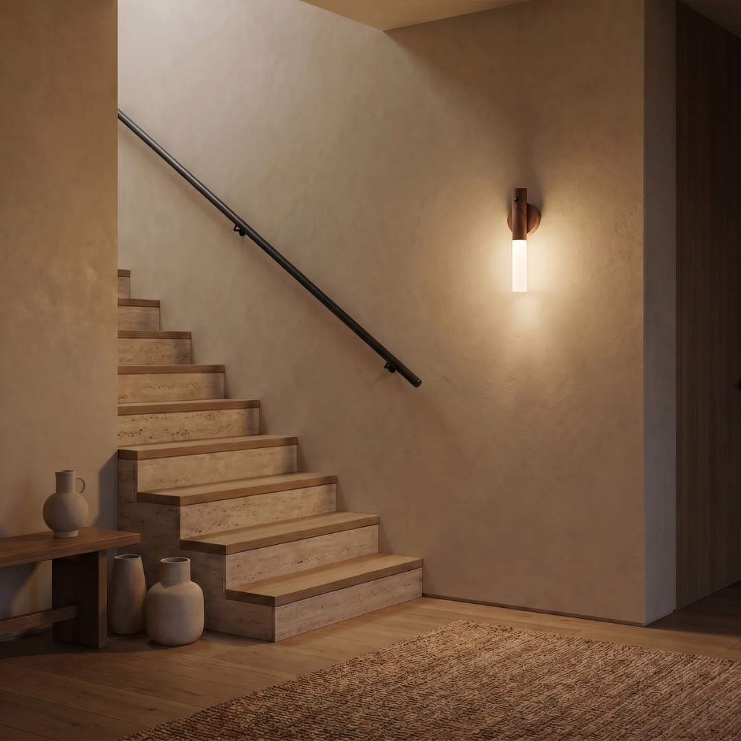 Modern wooden wall lamp with motion sensor by STAALFABRIQ, warm white LED light, USB rechargeable for a calm, cozy atmosphere.