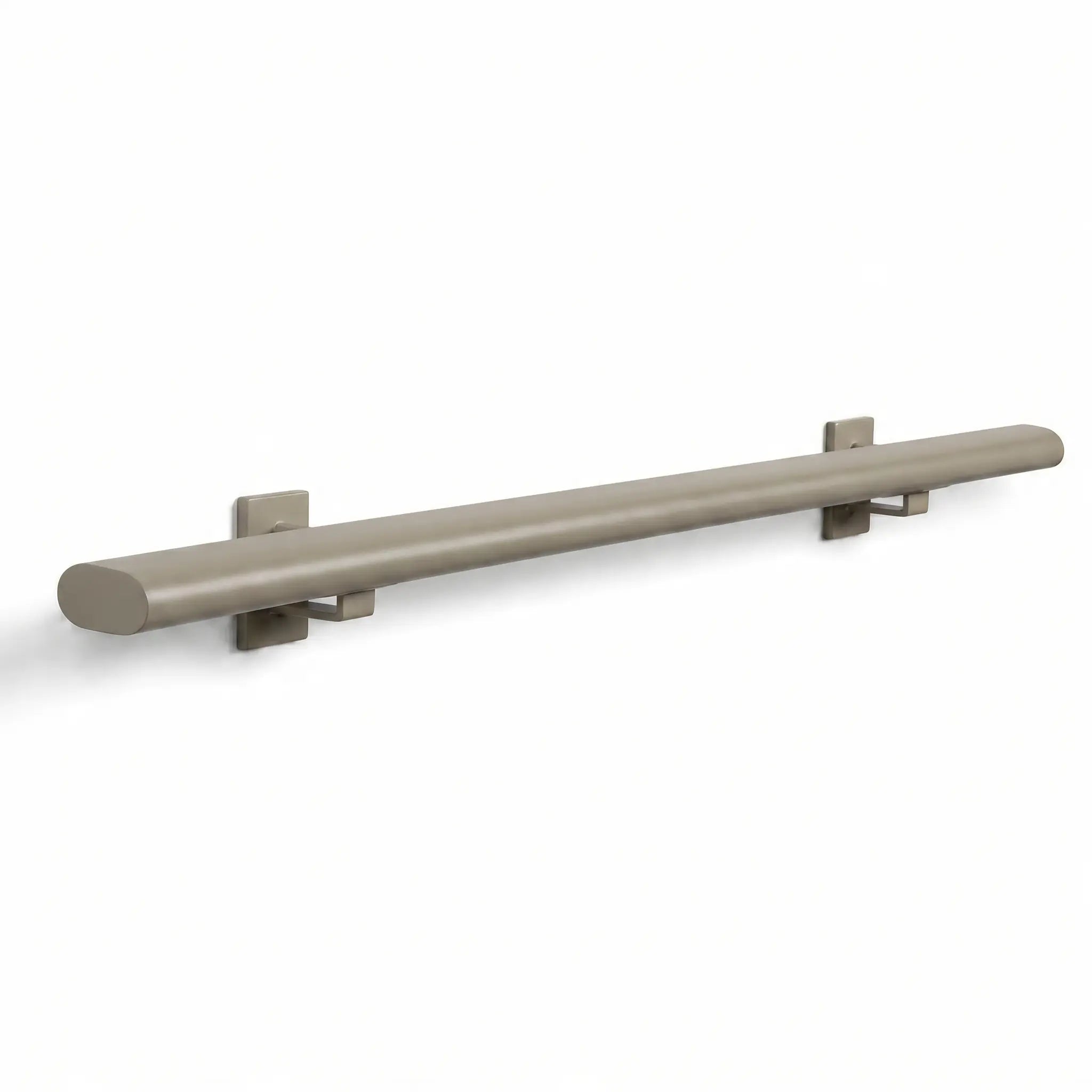 Stalen trapleuning in greige color, oval shape, seamless design, 48x20mm from STAALFABRIQ, shown in RAL 1019 finish