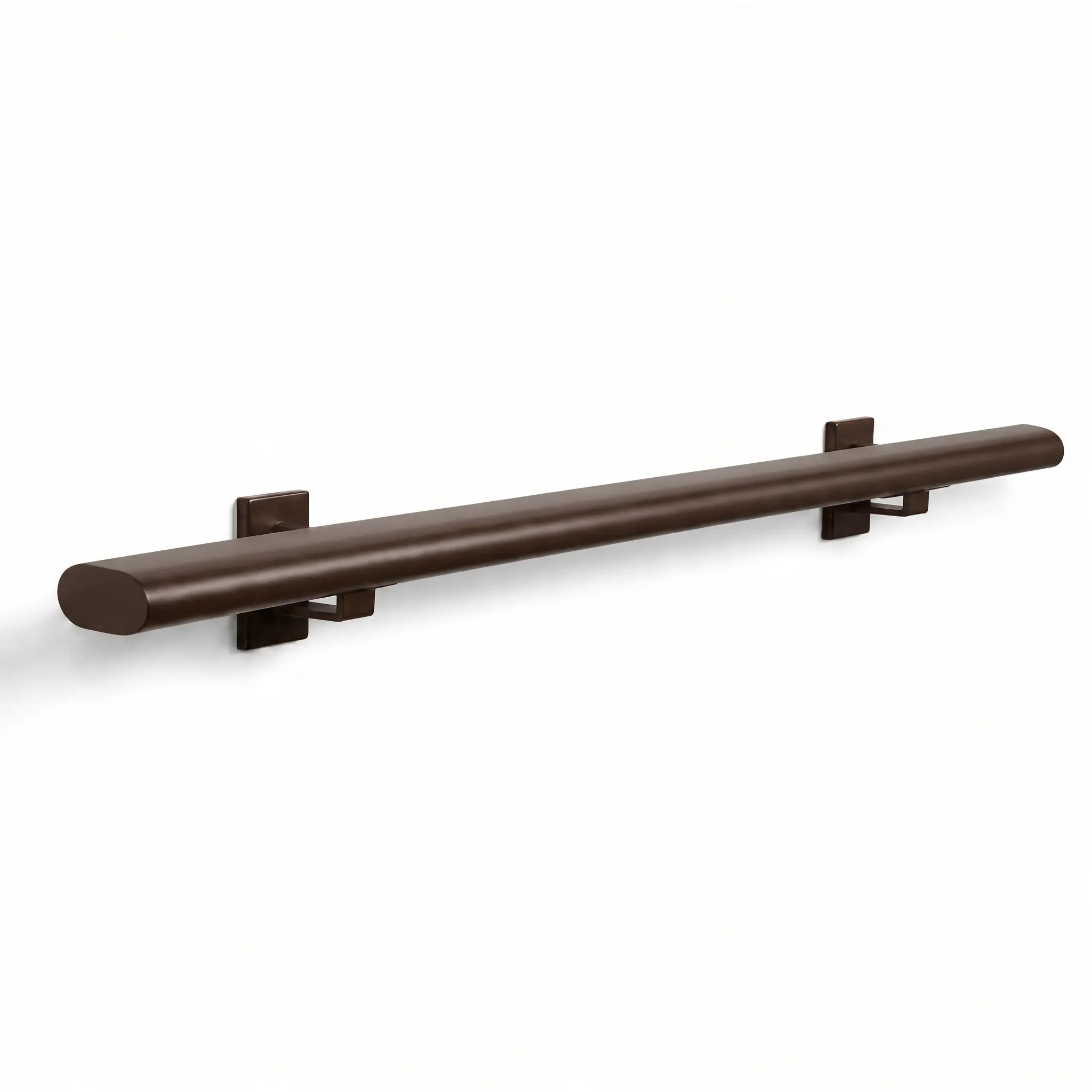 Stalen trapleuning Terra Brown ovaal naadloos 48x20mm by STAALFABRIQ, featuring a smooth, curved brown metal handrail for stairs.