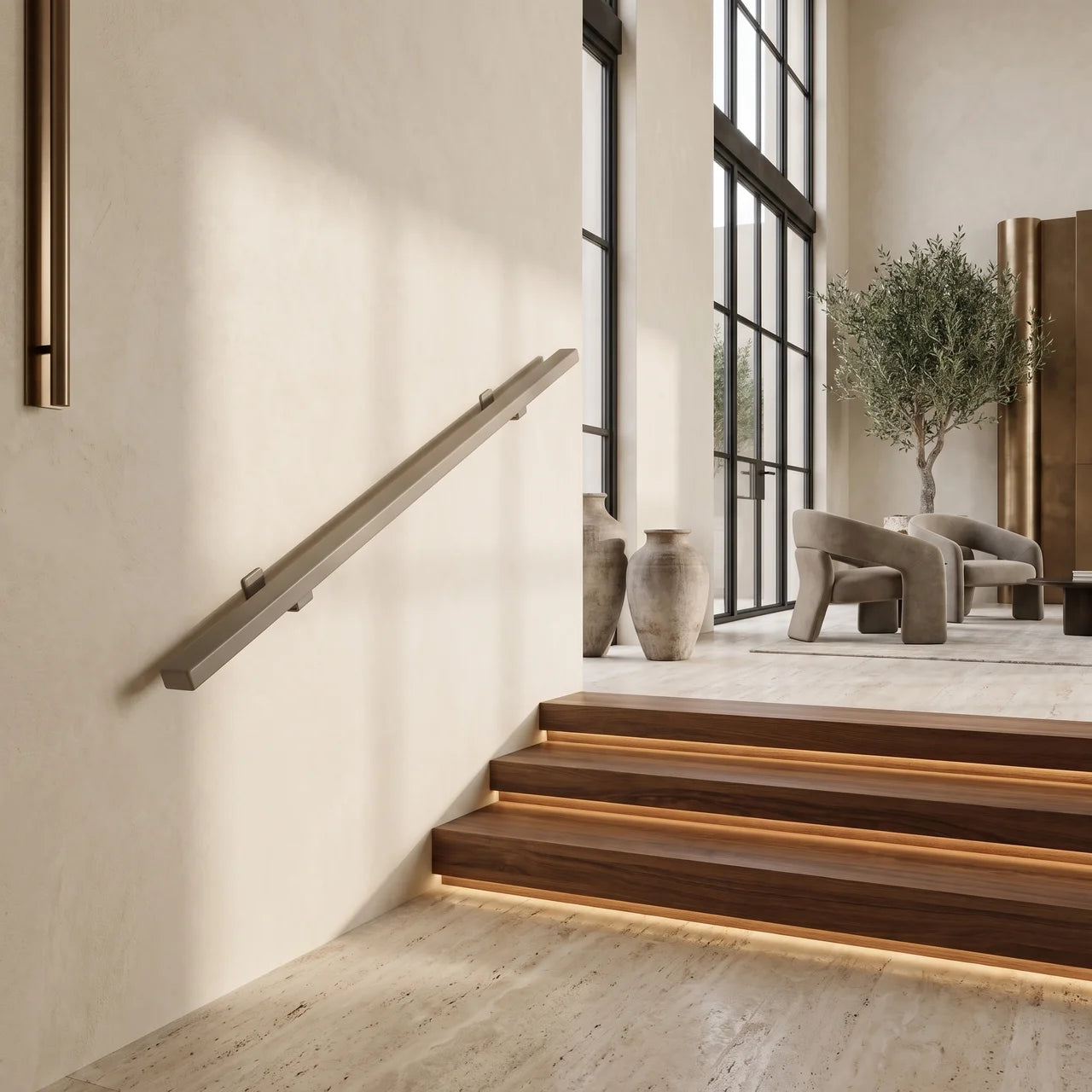 Grey rectangular stair railing by STAALFABRIQ with seamless design, measuring 40x20mm, made of sturdy metal material.