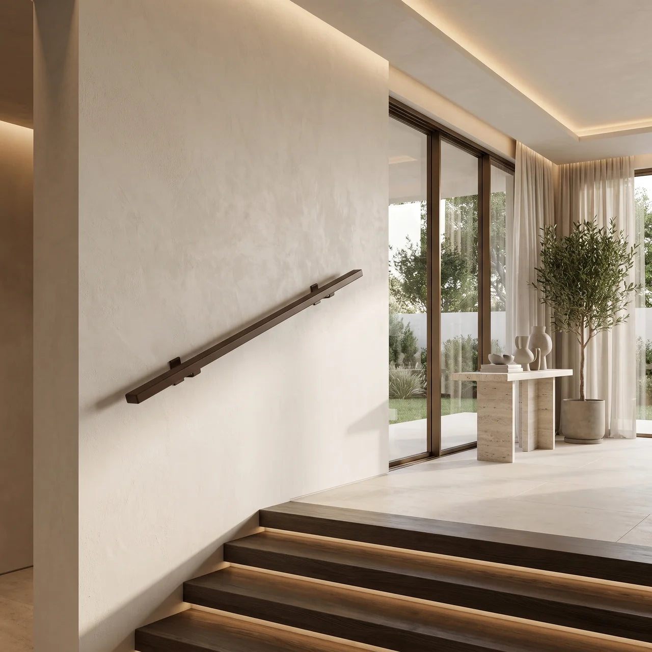 Stalen trapleuning Terra Brown rechthoekig, naadloos design, 40x20mm, made by STAALFABRIQ for modern staircase railing.