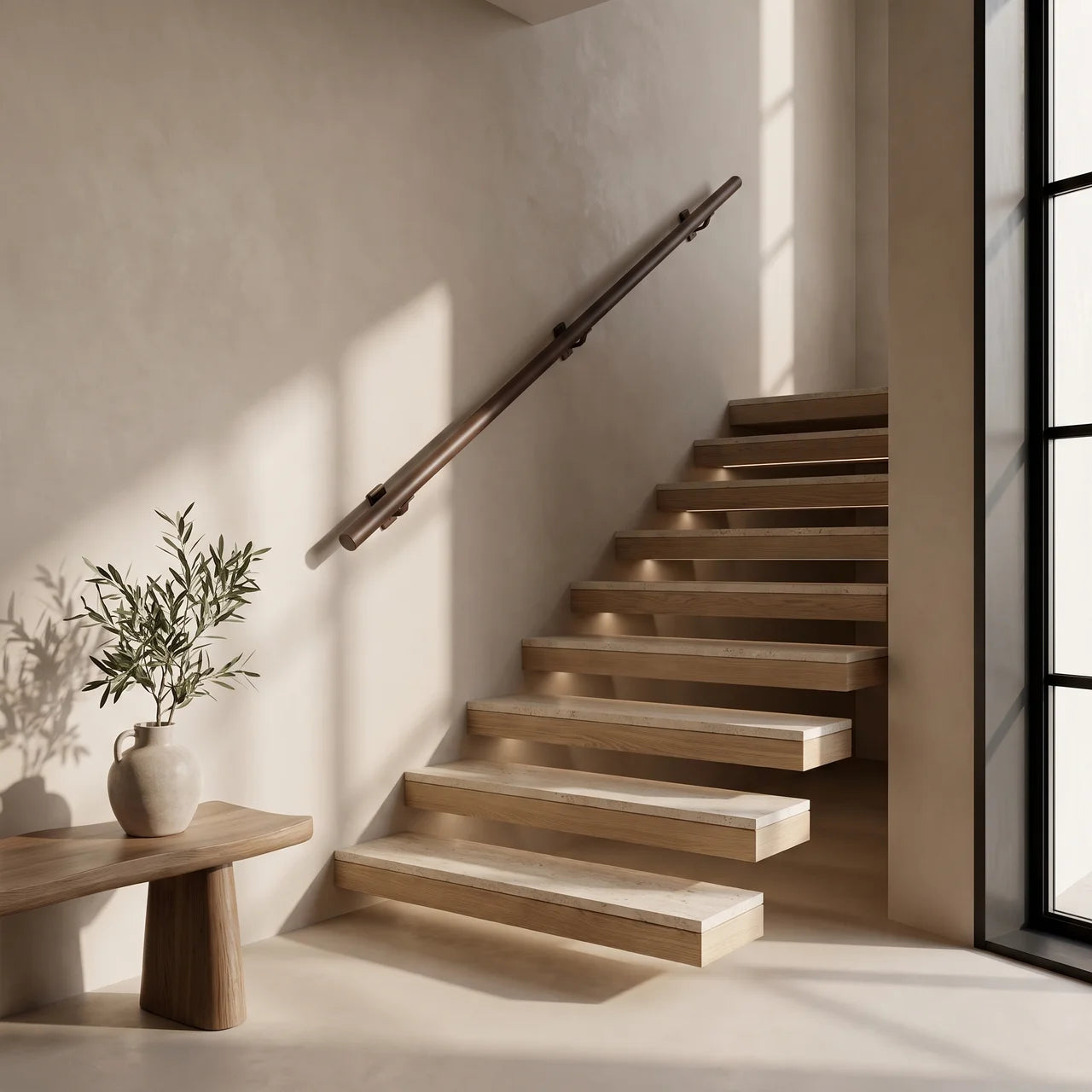 Round Terra Brown stainless steel handrail for staircase, seamless design with 30mm diameter by STAALFABRIQ.