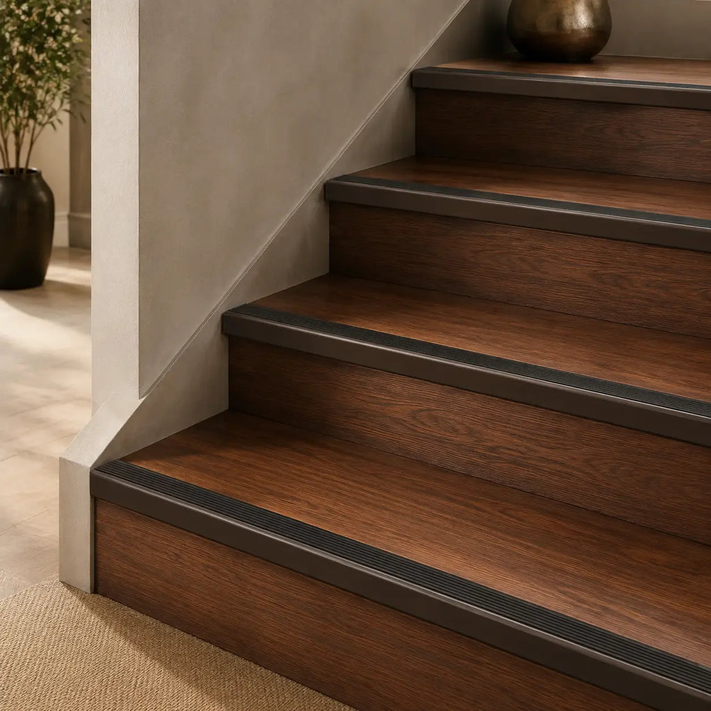 Bronze trapnose profile by STAALFABRIQ, showing detailed close-up of the curved metal edge for structural use.
