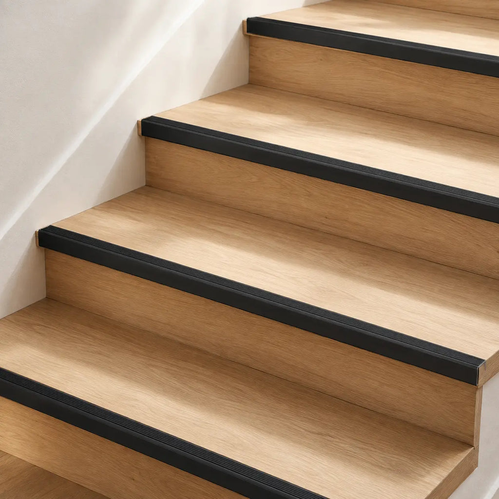 Black stair nose profile from STAALFABRIQ, showing a close-up of the sleek, matte finish on the stair edge trim.