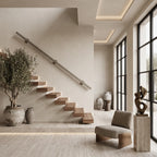 Greige square stair handrail by STAALFABRIQ, seamless 30x30mm metal trapleuning with clean, modern finish.