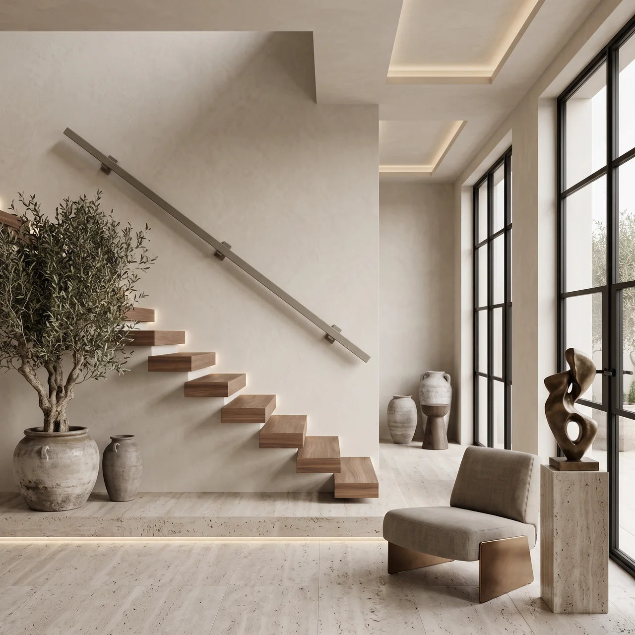 Greige square stair handrail by STAALFABRIQ, seamless 30x30mm metal trapleuning with clean, modern finish.