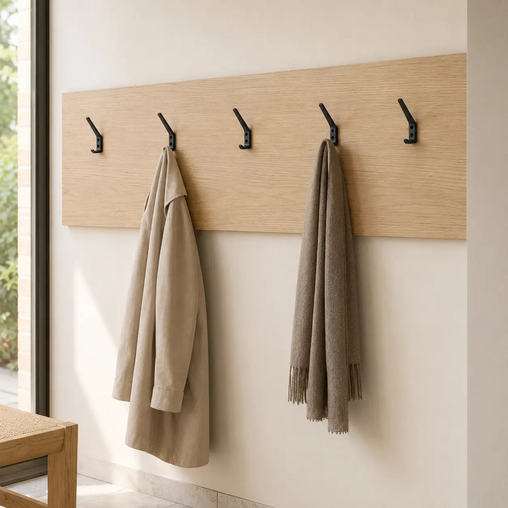Black wall hook with two hooks from STAALFABRIQ, mounted on a wall, suitable for hanging coats, bags, or accessories.