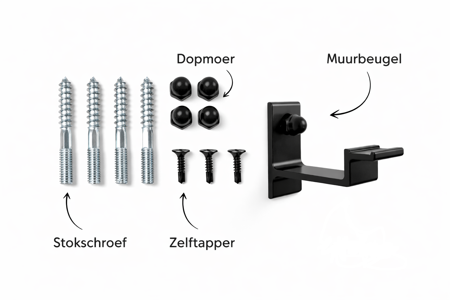Bevestigingsset met stokschroeven, dopmoeren, zelftappers en muurbeugel