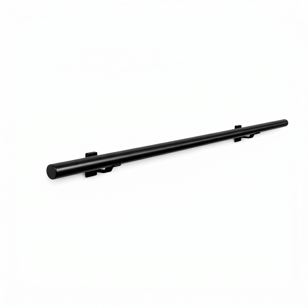 Black round seamless 30mm stainless steel stair railing from STAALFABRIQ, featuring a sleek, modern design.