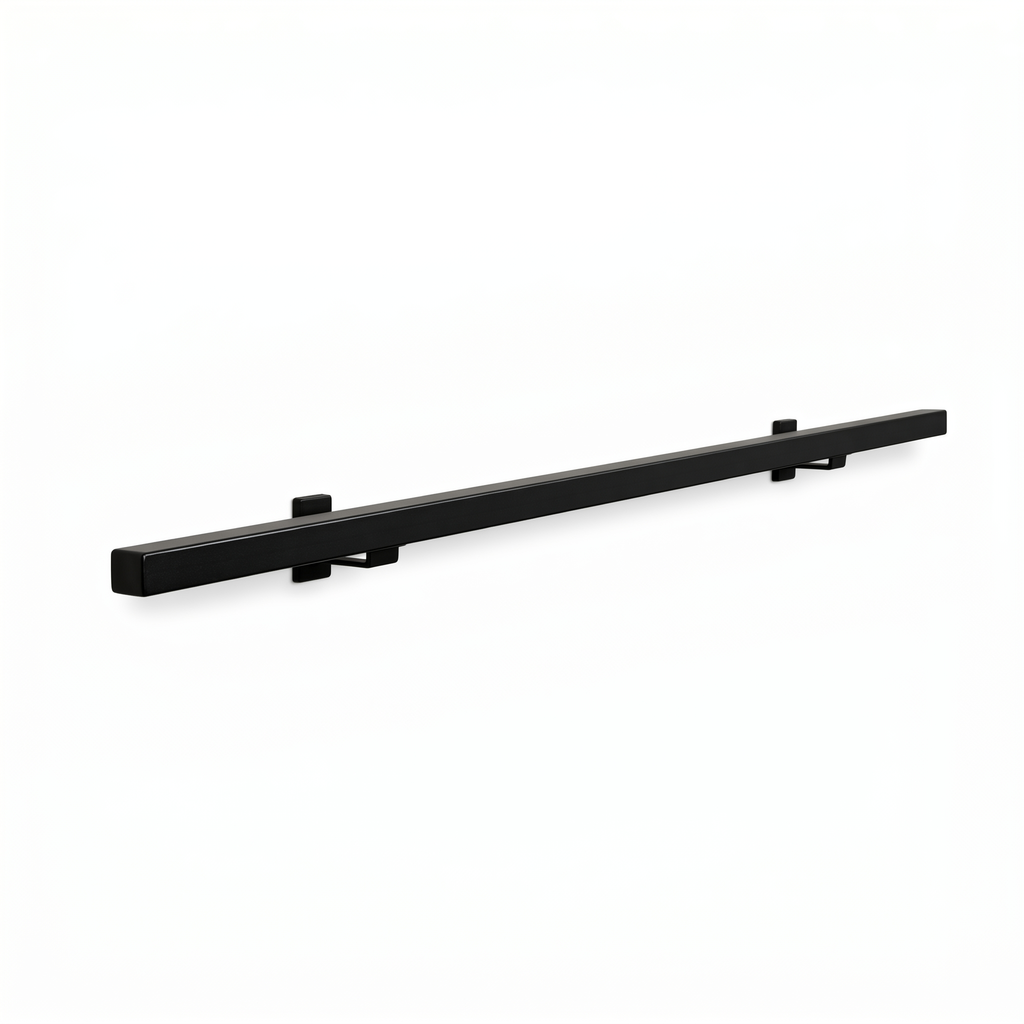Black seamless square steel handrail with 30x30mm profile from STAALFABRIQ, shown in a close-up view.