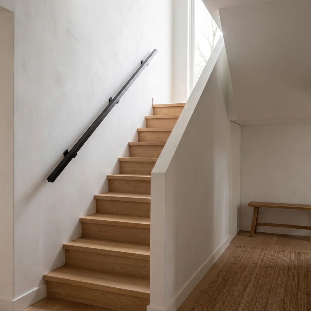 Black seamless square steel handrail with 30x30mm dimensions, shown in a welded finish, from STAALFABRIQ.